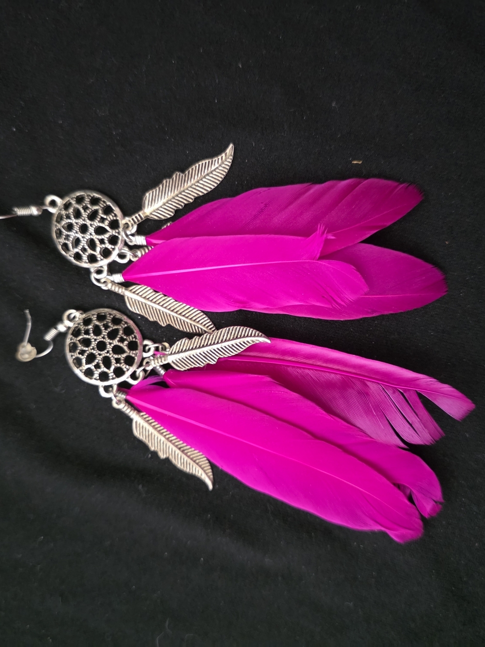 Silver Dreamcatcher Feather Drop Earrings in Hot Pink